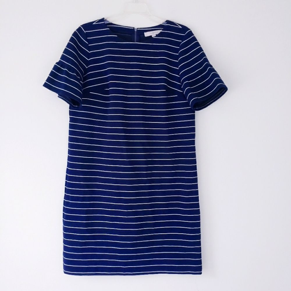 LOFT Navy Blue White Striped Dress Ruffle Sleeve Shift Dress Textured Medium